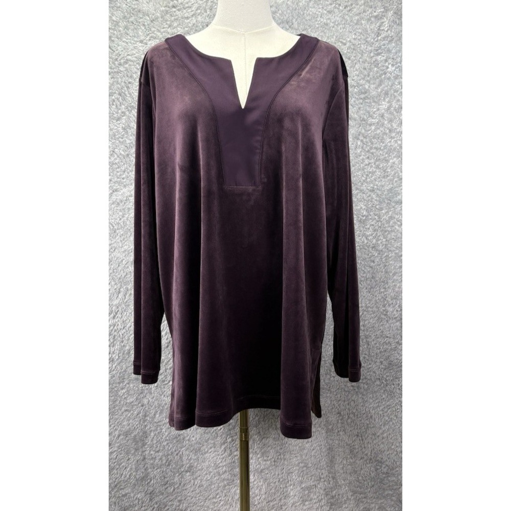 NEW Pure Jill Womens 2X Pinot Purple Velour Tunic Top Split Neck Long Sleeve